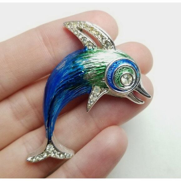 Vintage Dolphin Enamel Brooch, Blue Green Silver Tone Setting, Rhinestones - Picture 1 of 6